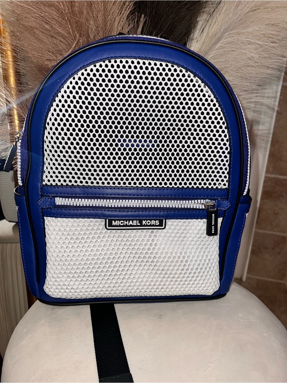 Michael Kors White and Royal Blue Mesh Mini Backpack